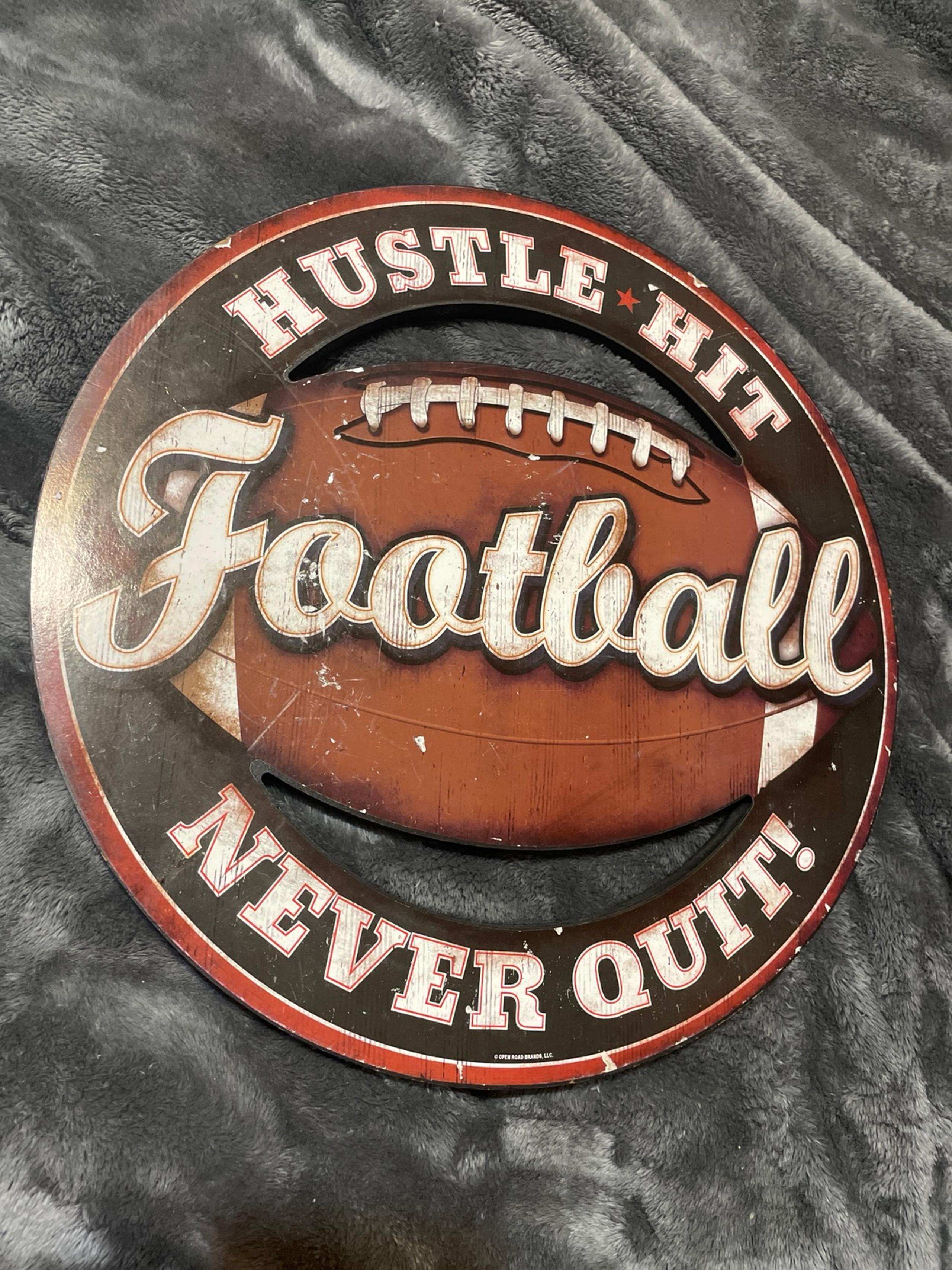 14 inch x 14 inch wood Hobby Lobby Sign Hustle Hit Never Quit Football