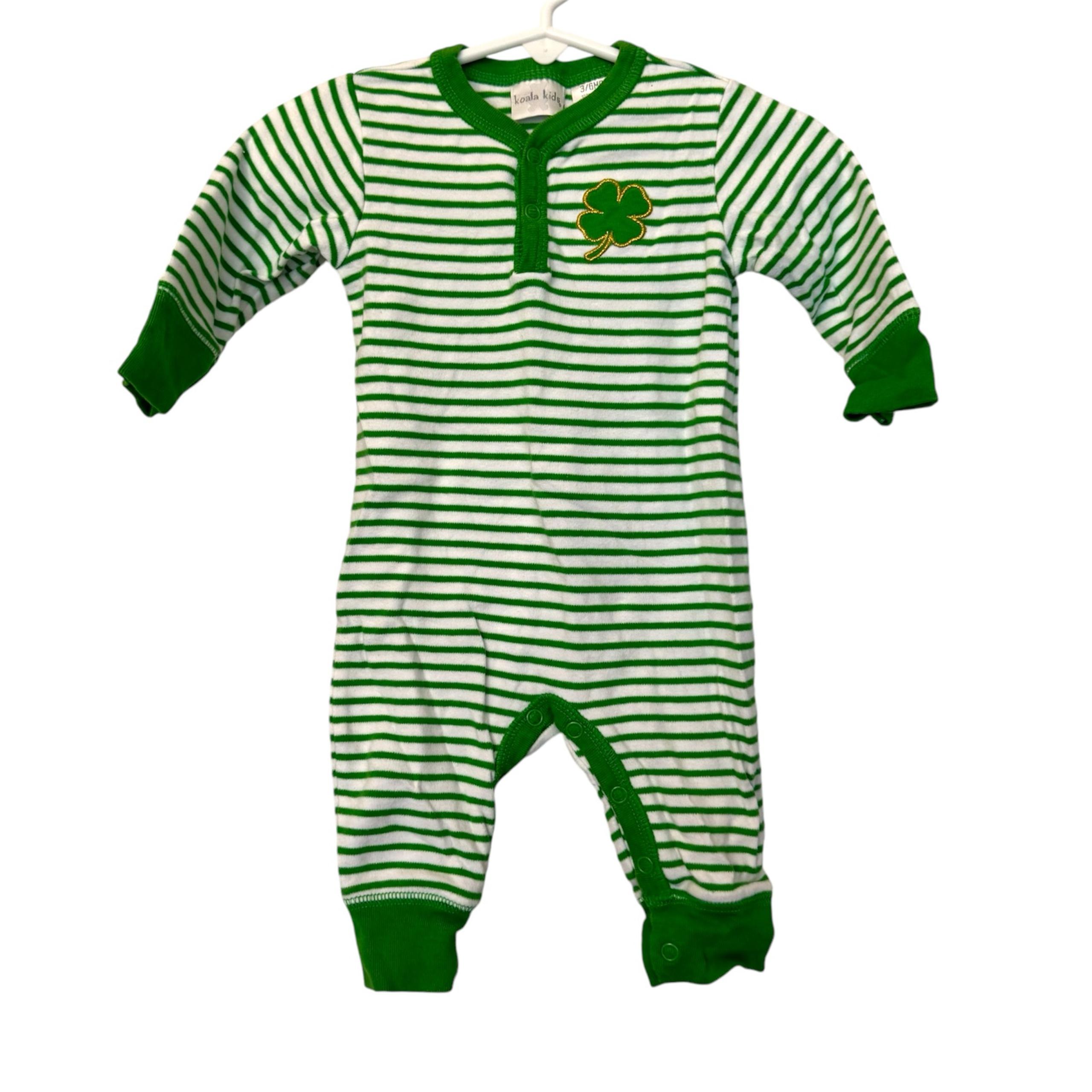 Koala Kids Mommy’s Lil Charmer Four Leaf Clover Green & White Striped Onesie