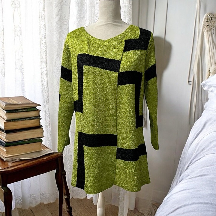 Berek Lime Green & Black Crinkle Art to Wear Cardigan Size Medium
