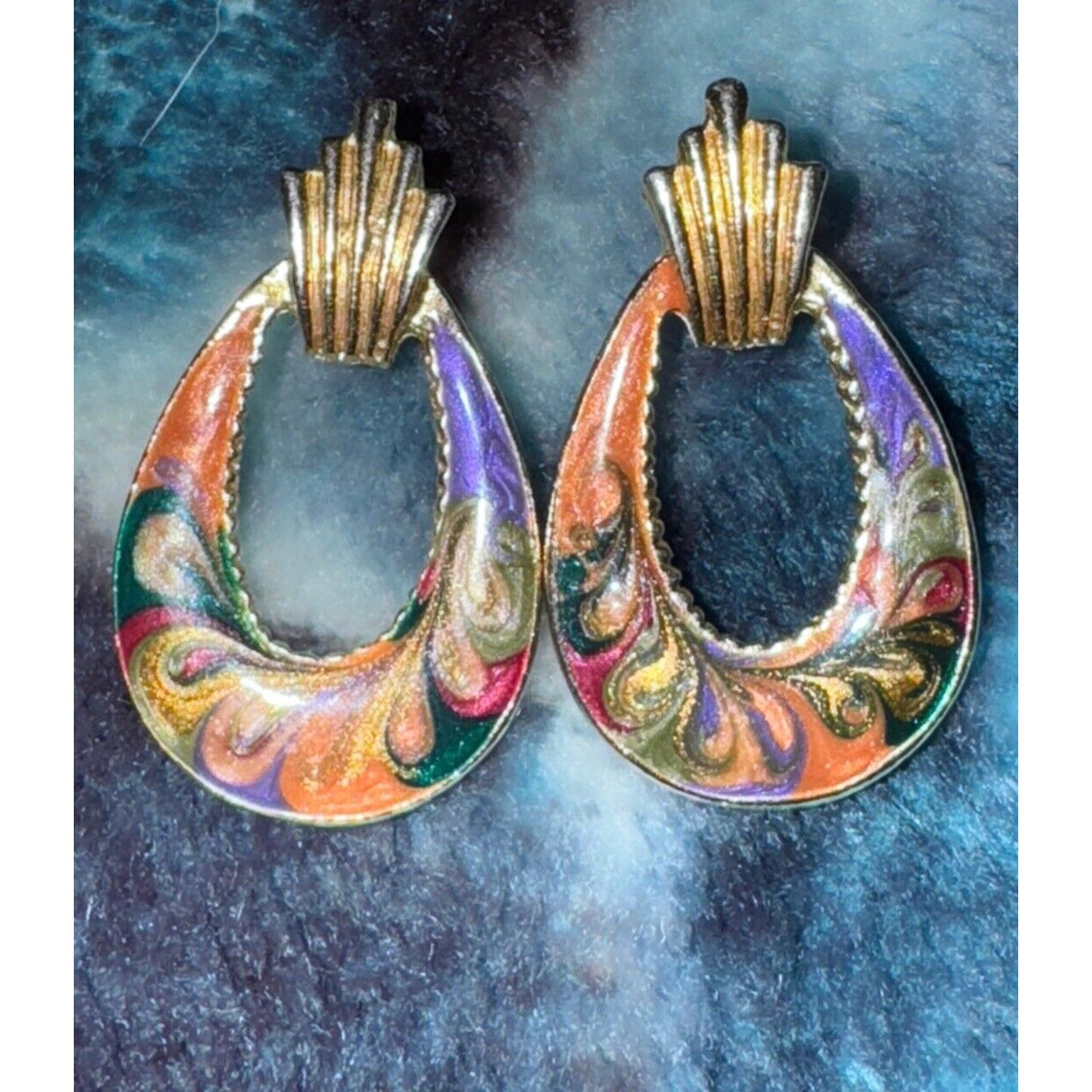 EARRINGS Enamel Door Knocker Brand Gold Tone Post