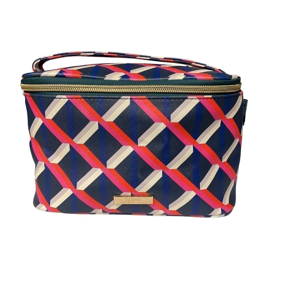 Trina Turk Geometric Pattern Cosmetic Bag Navy Red White Zip Organizer Travel