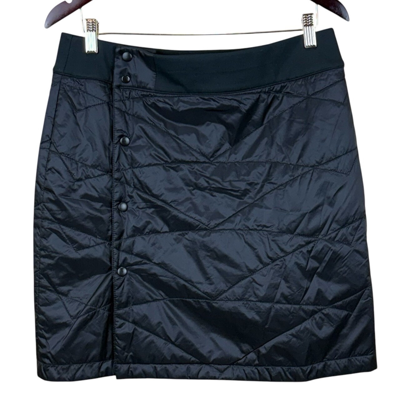 LL Bean Black Primaloft Quilted Packaway Winter Puffer Skirt Snap Closure Sz 8