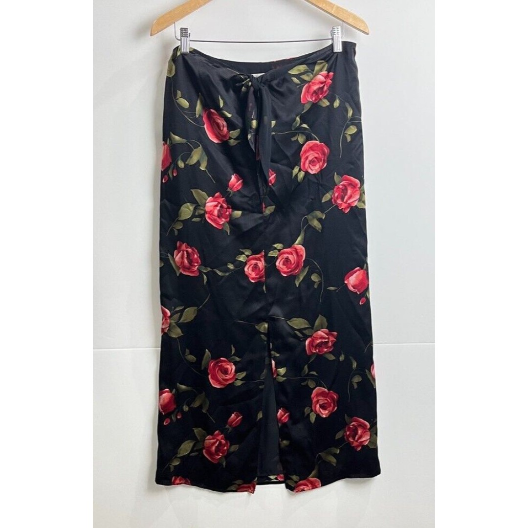 Vintage Y2K Midi Black Silk Skirt Romantic Rose Floral Print Front Tie Slit 10