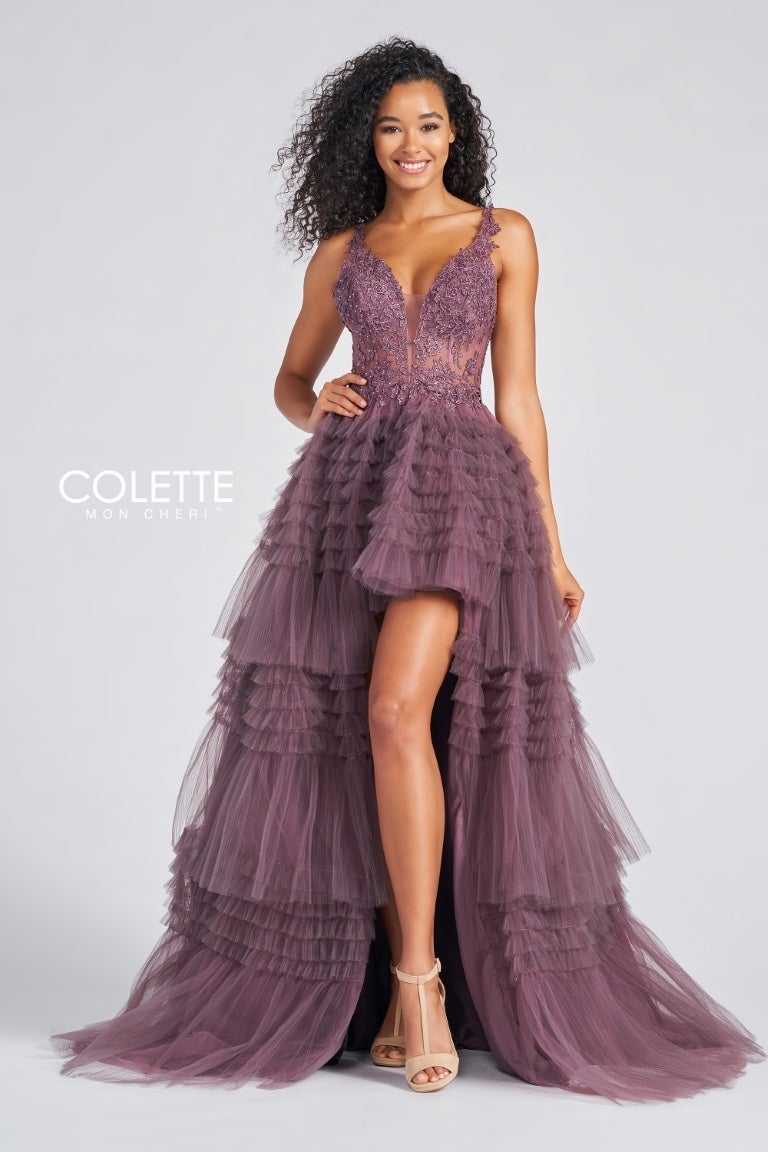 Colette for Mon Cheri purple embroidered tulle tiered high low gown