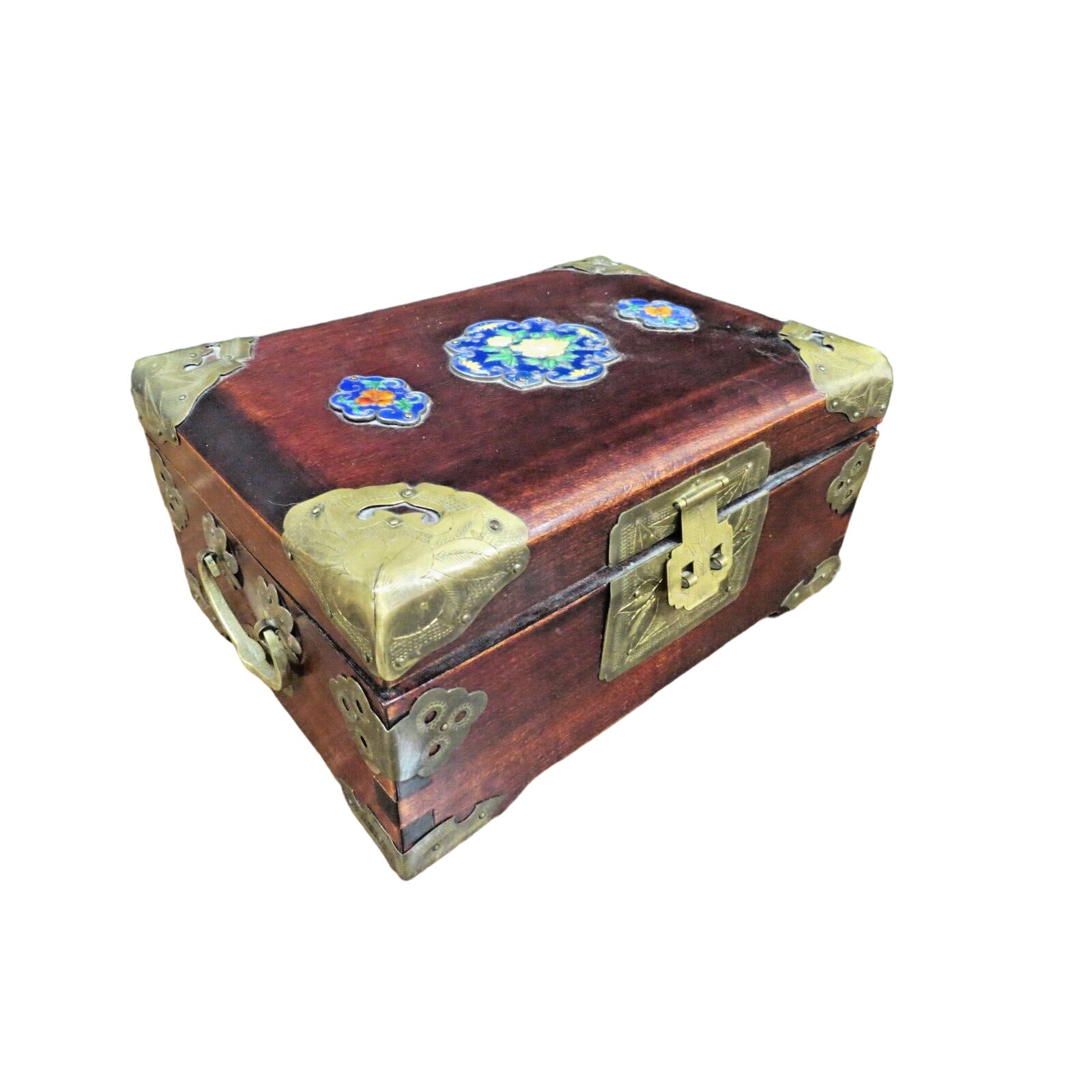 Vintage Chinese Asian Jewelry Box - Cherry Wood, Brass And Enamel From Shanghai