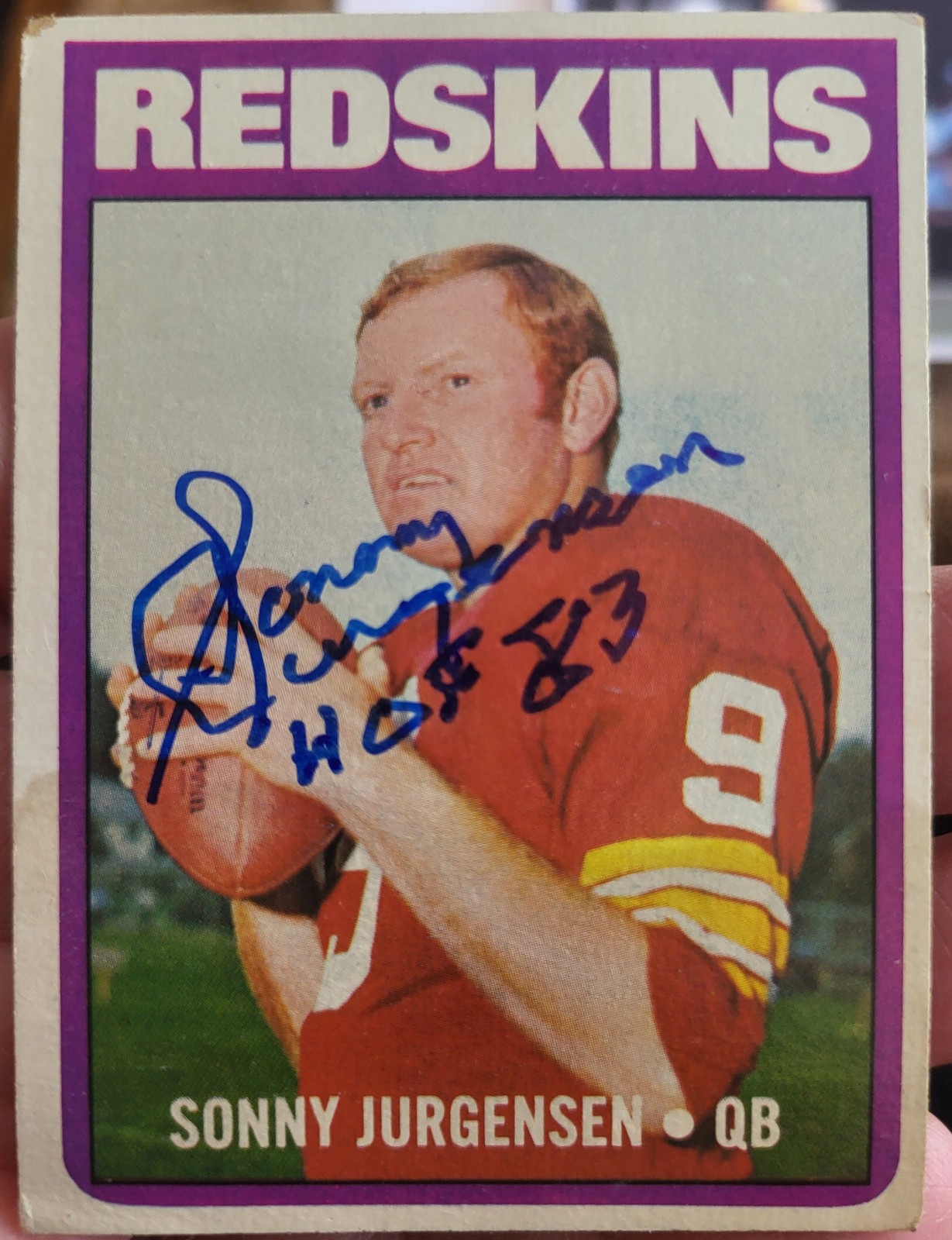 SONNY JURGENSEN 1972 TOPPS AUTOGRAPHED WASHINGTON REDSKINS CARD #195!!! - HOF 83