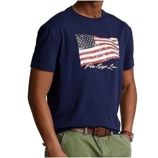 VTG Polo Ralph Lauren Short Sleeve T Shirt Men's Size Xl Blue USA Flag