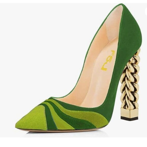 FSJ Women Gold Metal Chain Chunky High Heel Pointed Toe Slip On Party Green Shoe