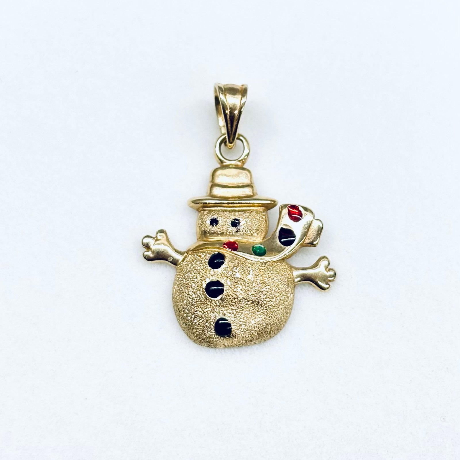14k Yellow Gold Christmas Snowman Black Green Red Enamel Pendant Charm