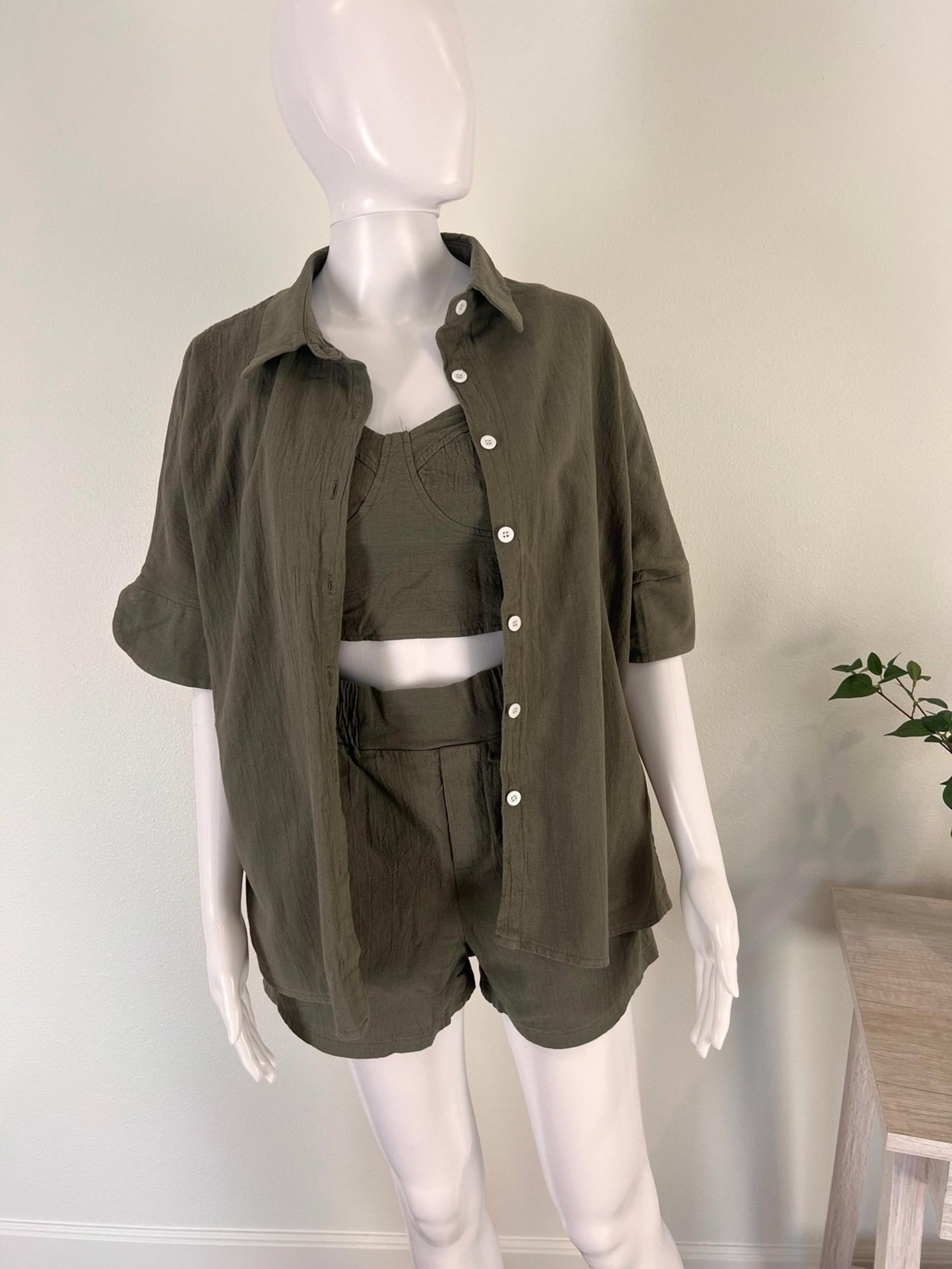 SHEIN womens button shirt shorts tank top size M green vintage boho casual y2k