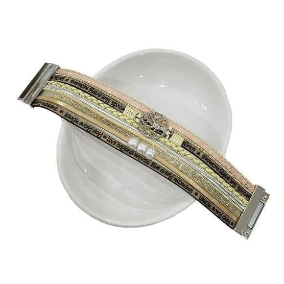 Multy Layers Leather Bangle Magnetic Bracelet for Men and Women 7.5in - Khaki