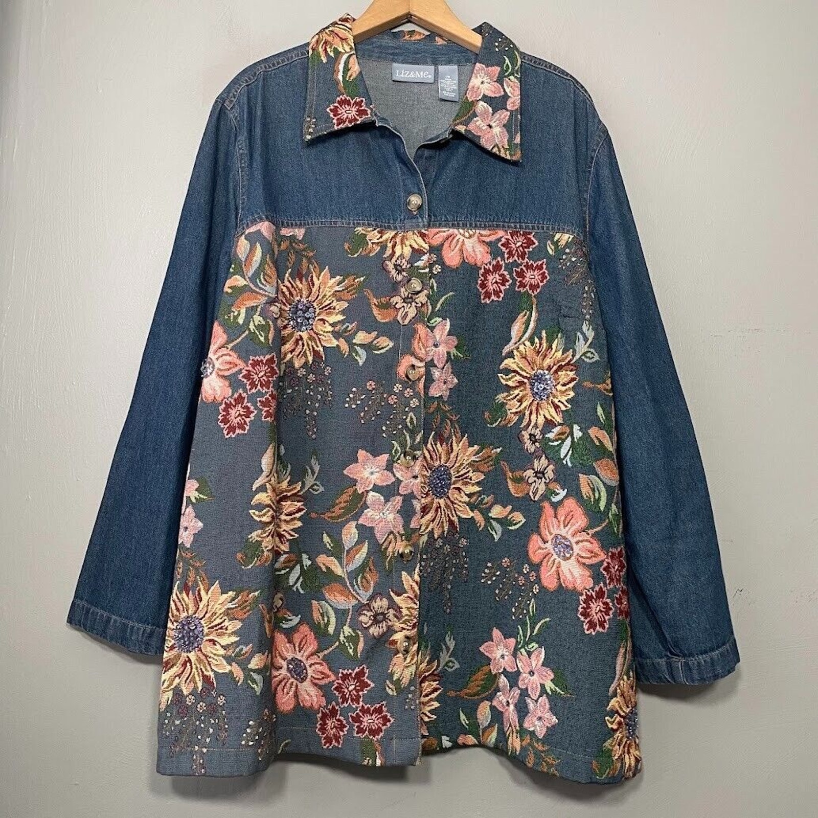Liz & Me Womens Plus Size 2X Denim Floral Tapestry Jacket Cottagecore Grandma