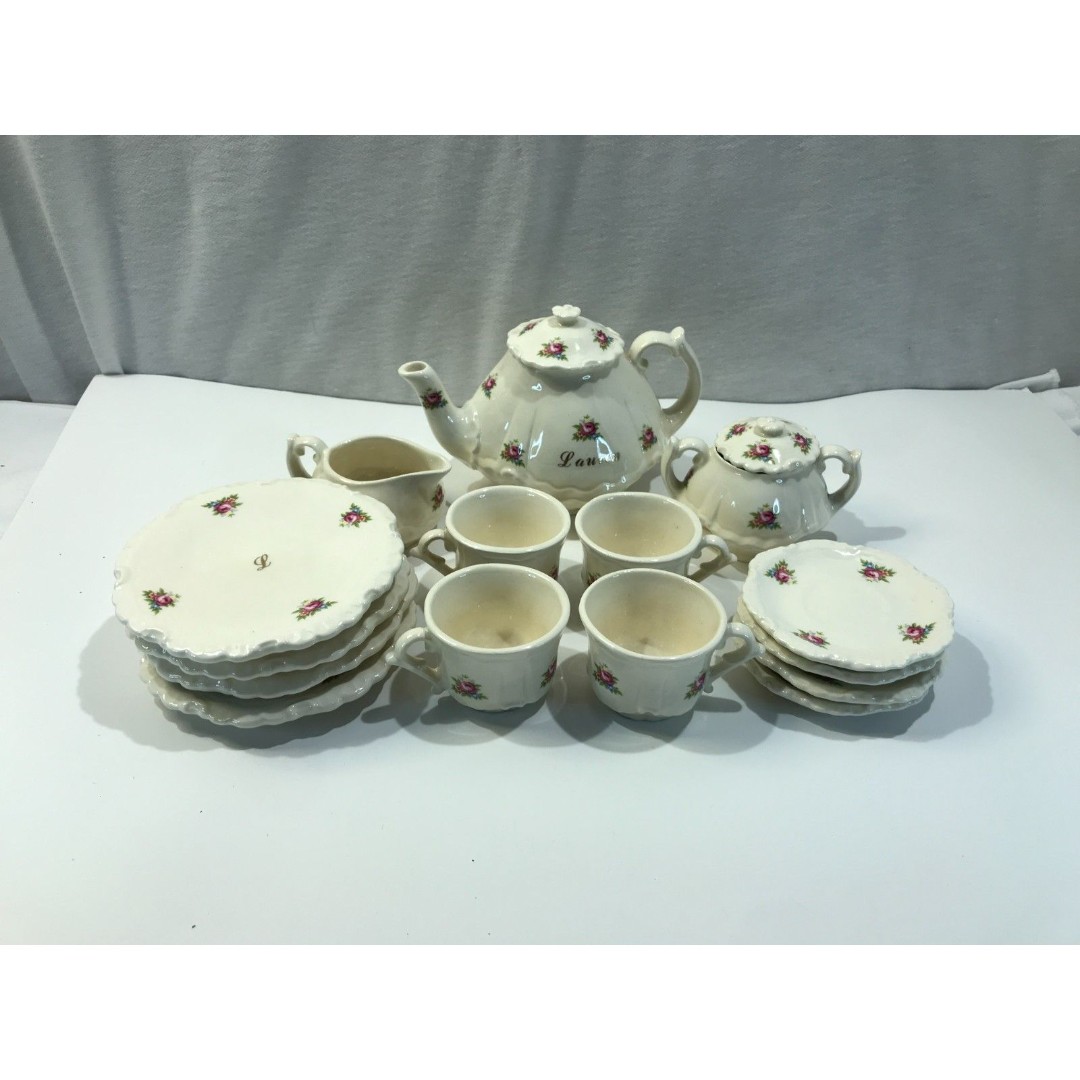 Miniature tea set, porcelain pink rose, Lauren, 15 pc set