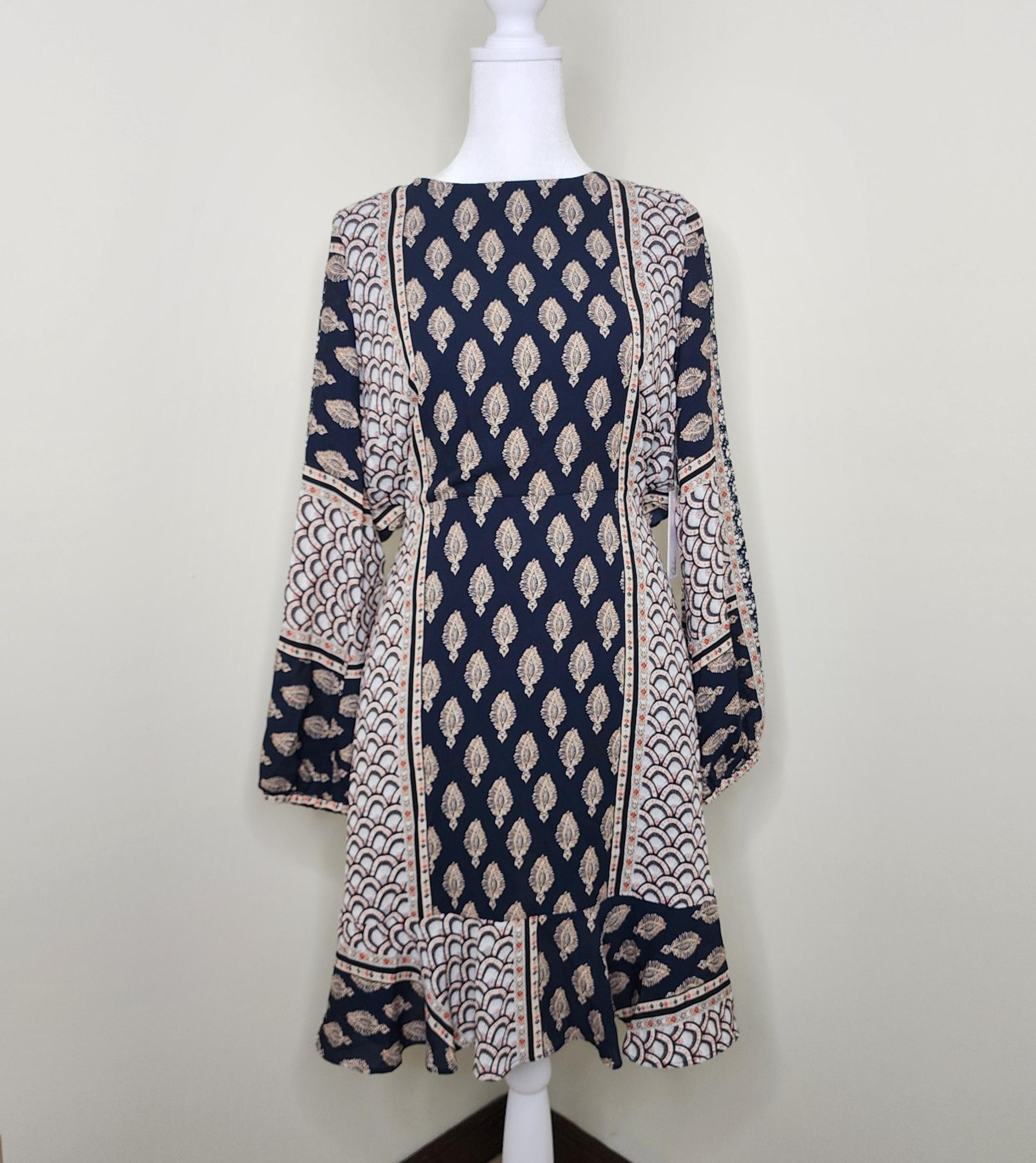 Chelsea28 Navy Sapphire Patchwork Ruffle Open Back Longsleeve Mini Dress XS