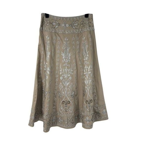 Vanity Collection Beige Silver Embroidered Heavily Beaded Midi Skirt Sz 2 Women’