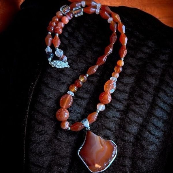 Elegant Wrapped Carnelian Pendant Necklace Restring with Vintage Sterling Clasp