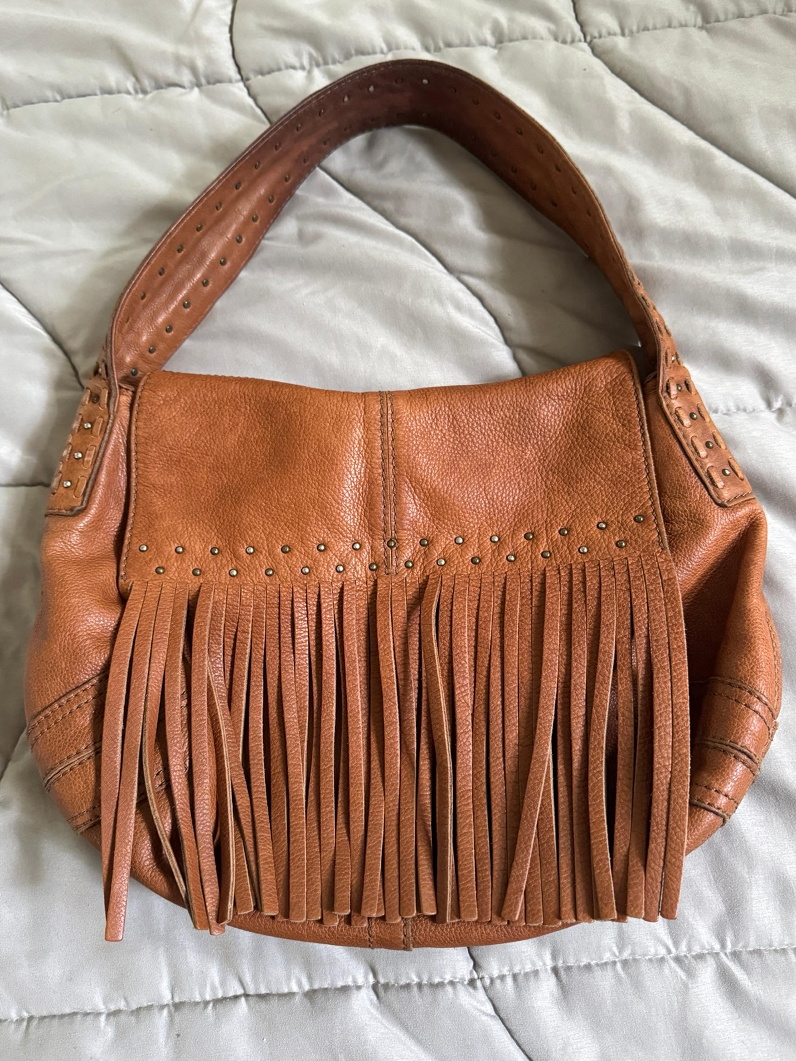 Gianni Bini Brown Italian Leather Fringe Hobo Bag Western Boho Shoulder Purse