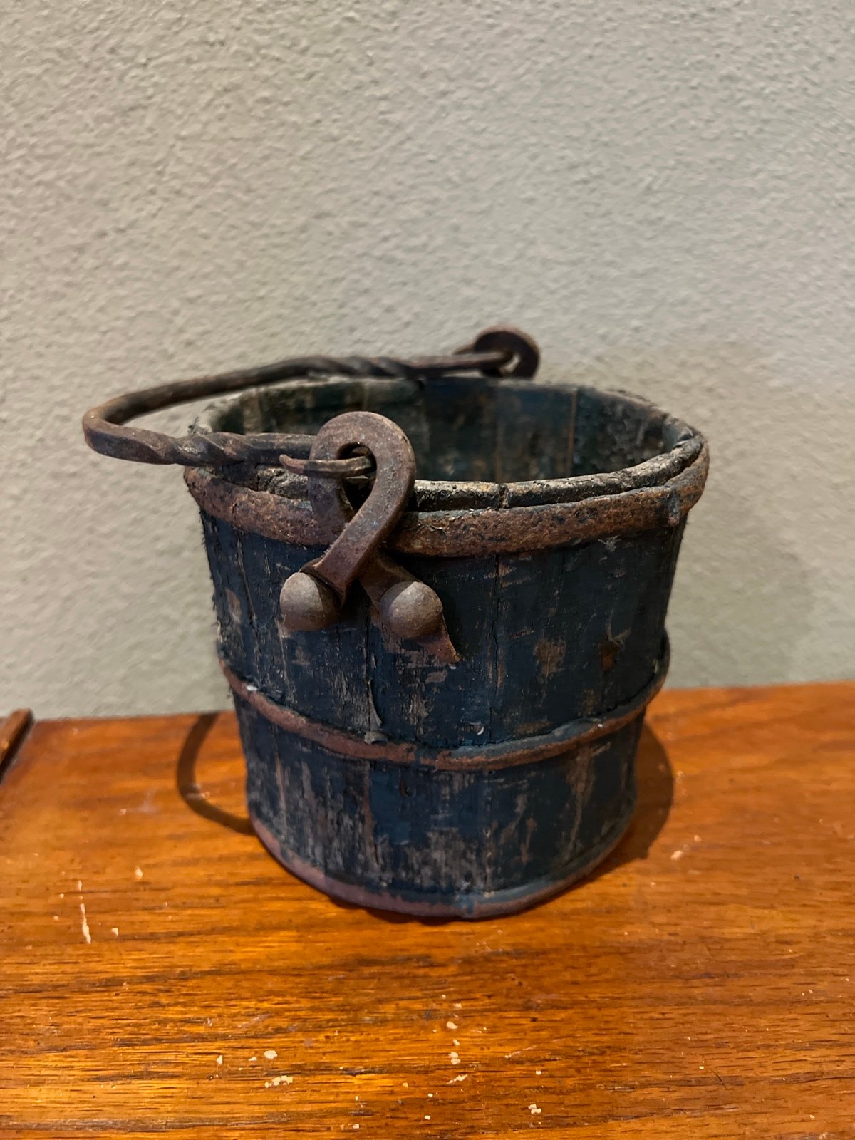 Vintage Antique French Berry Bucket / Wood Basket with Curled Iron Handle Tall