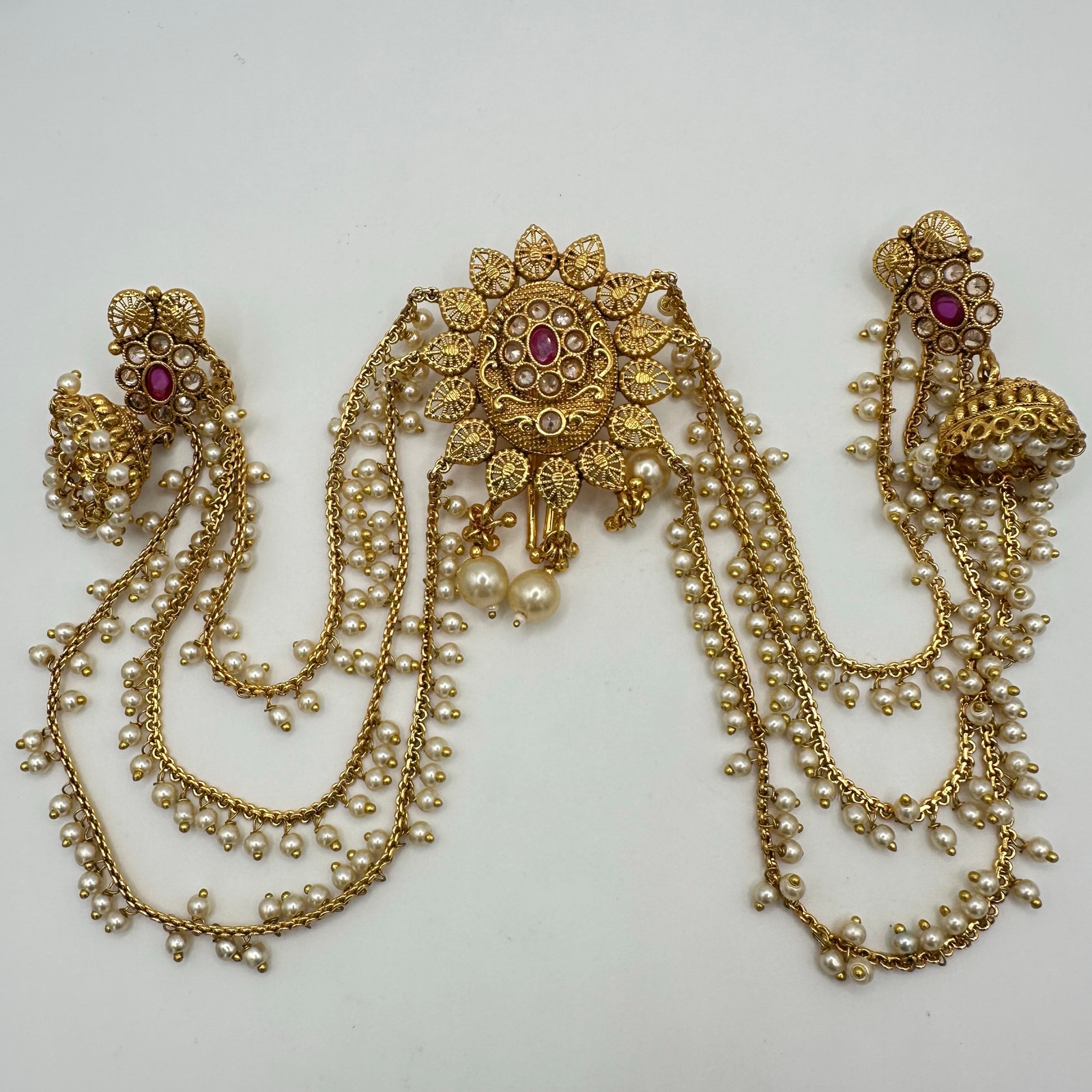Indian gold kundan jhumka sahara earrings chain headpiece real rubies faux pearl