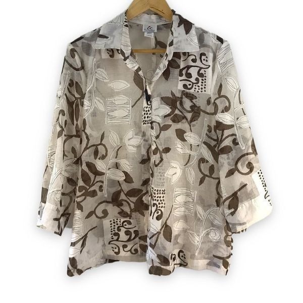 I.C. Collection Womens L Button Up Burnout Top Brown White Leaf Print Artsy Boho