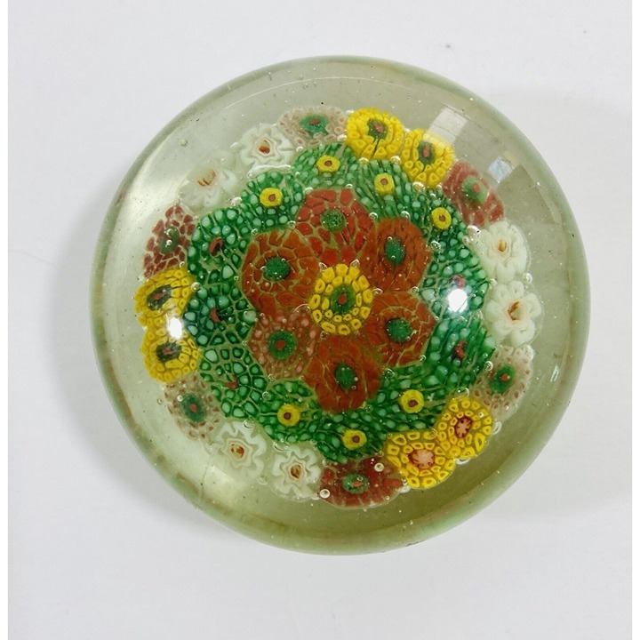 Murano Millefiori Style Glass Paperweight Round Flowers MCM Multicolored Vintage