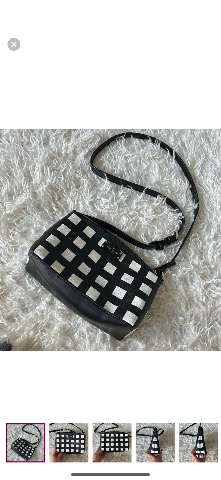 Kate Spade Gingham Print Grove Street Millie Crossbody Bag Zip Top Black White