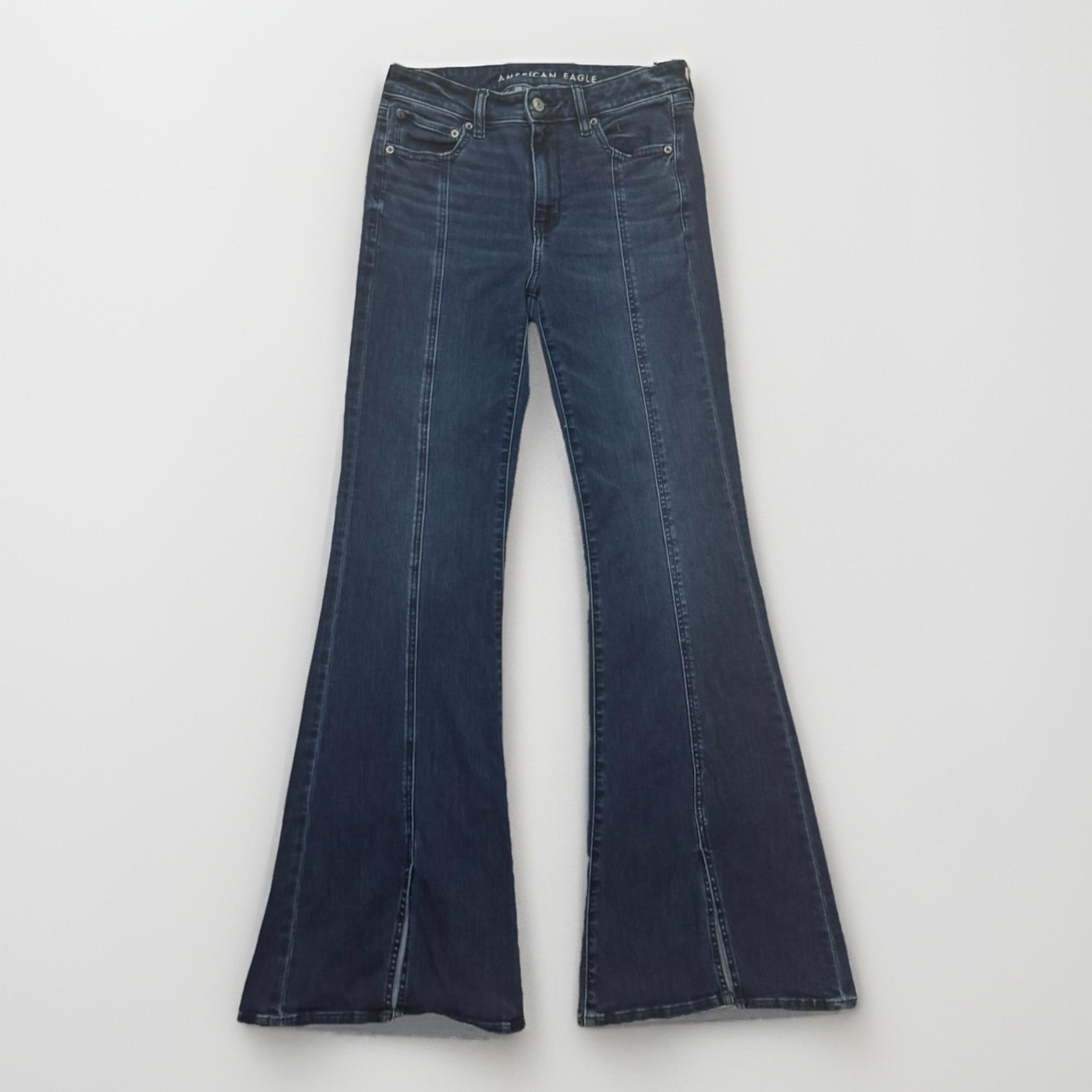 American Eagle Festival Flare Front Split Seam Stretch Blue Jean Sz 8 Long Tall