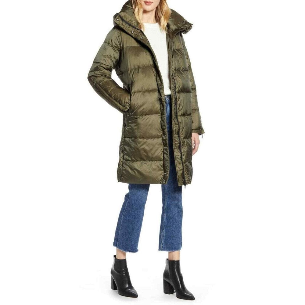 Halogen Womens Hooded Long Puffer Jacket With Removable Hood Green Medium