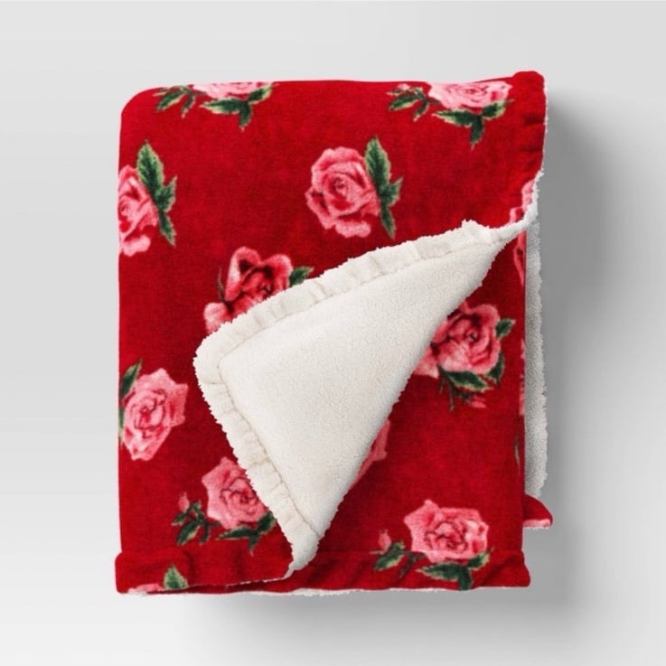 Threshold Rose Printed Plush Throw Faux Shearling Reverse- Ruffled Trim Red