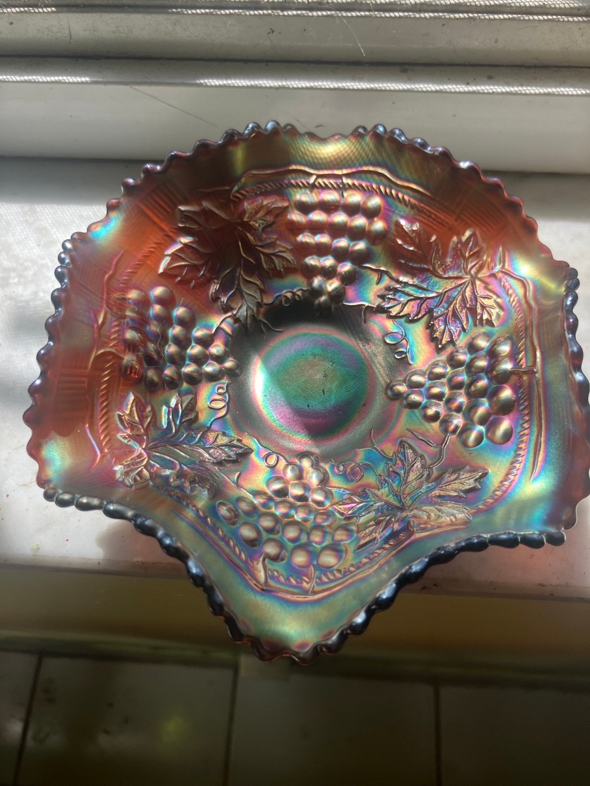 Vintage Northwood Amethyst Grape & Cable Ruffled Bowl