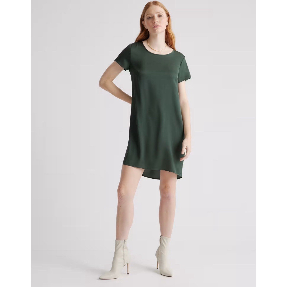 Quince Womens XS Washable Stretch Silk Tee Dress Shimmer Hunter Green MRSP228