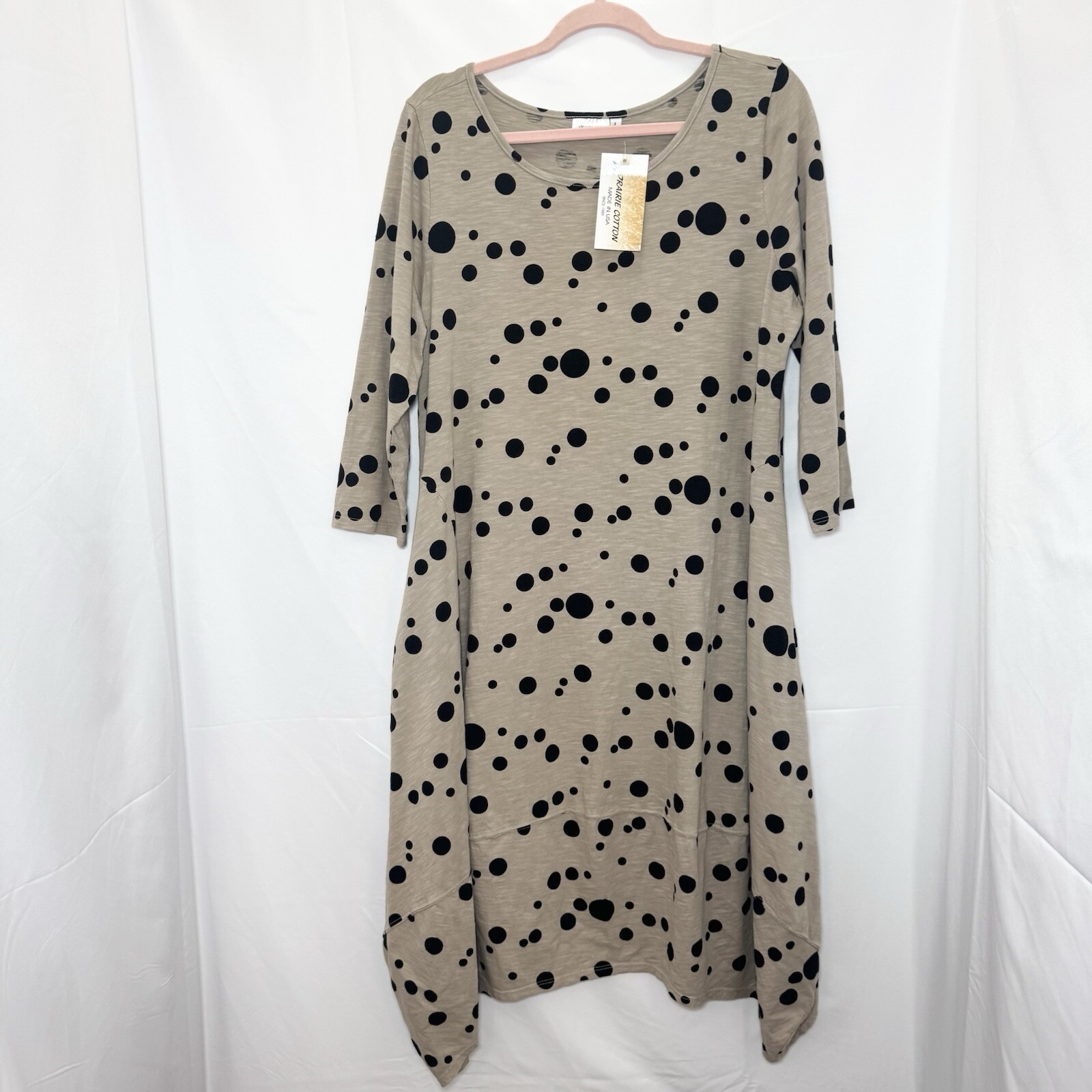 Prairie Cotton Tulip Dress Polka Dots Flaxseed Tan Womens Size Large Lagenlook