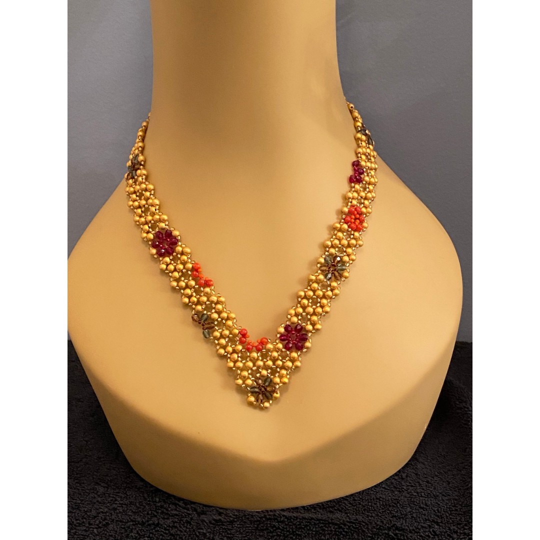 Maria Calderara Hand Beaded Necklace Colors of Gold Garnet Sapphire Coral