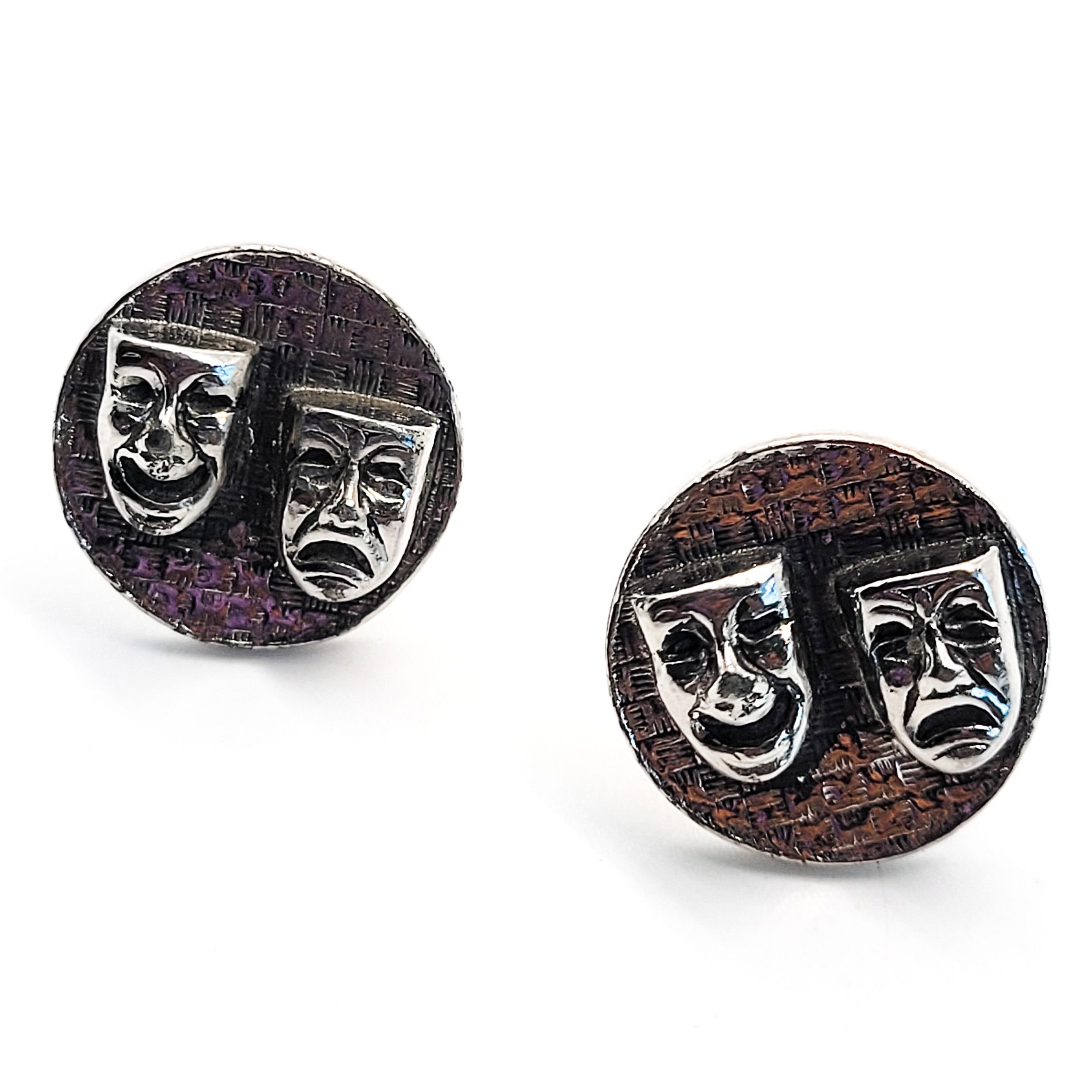 Comedy and Tragedy mask vintage sterling silver plated cuff links