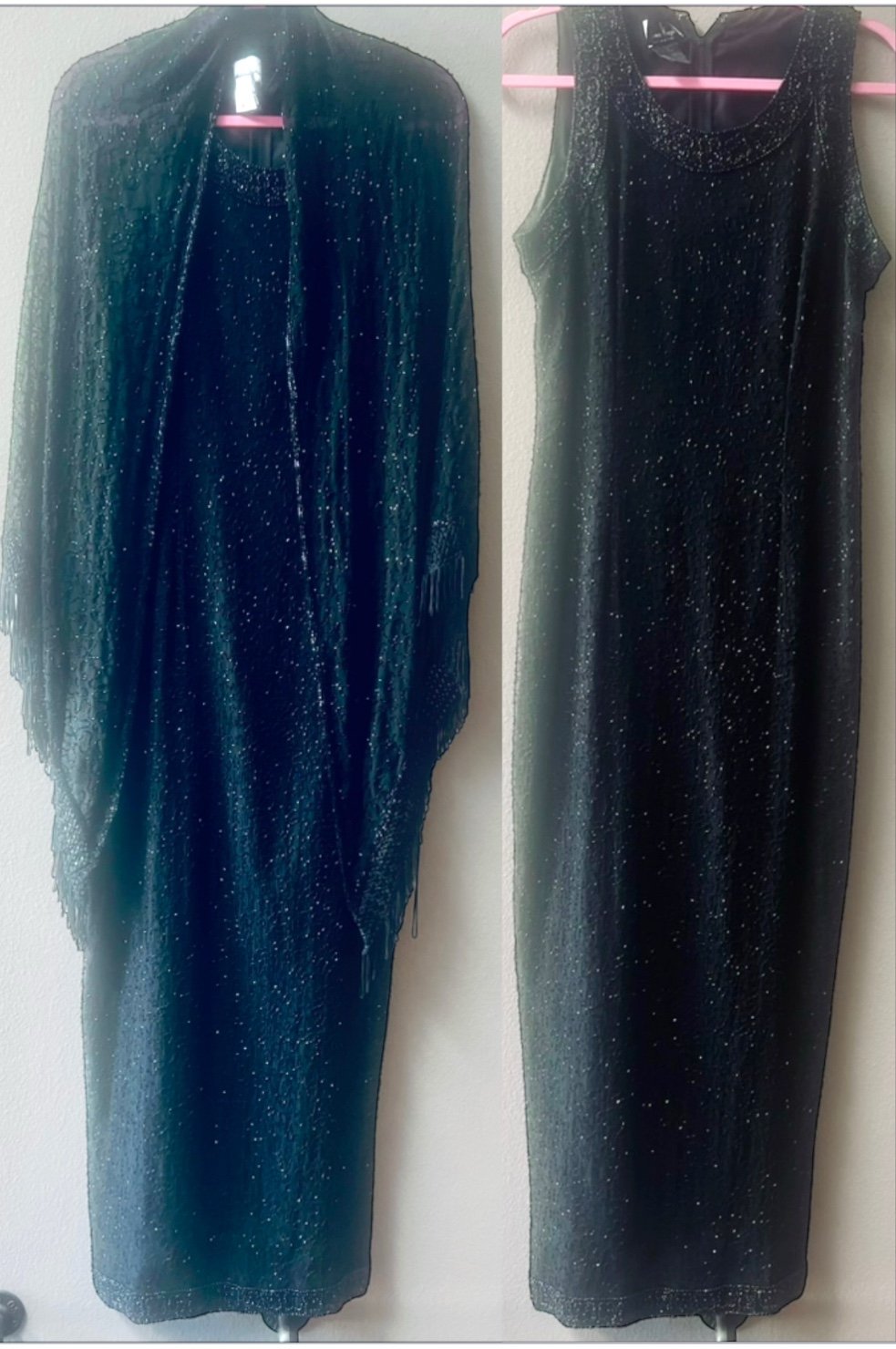 VTG. LAURENCE KOZAR 100% SILK FULL BEADED SLEEVELESS MAXI W/MATCHING SHAWL Sz.L