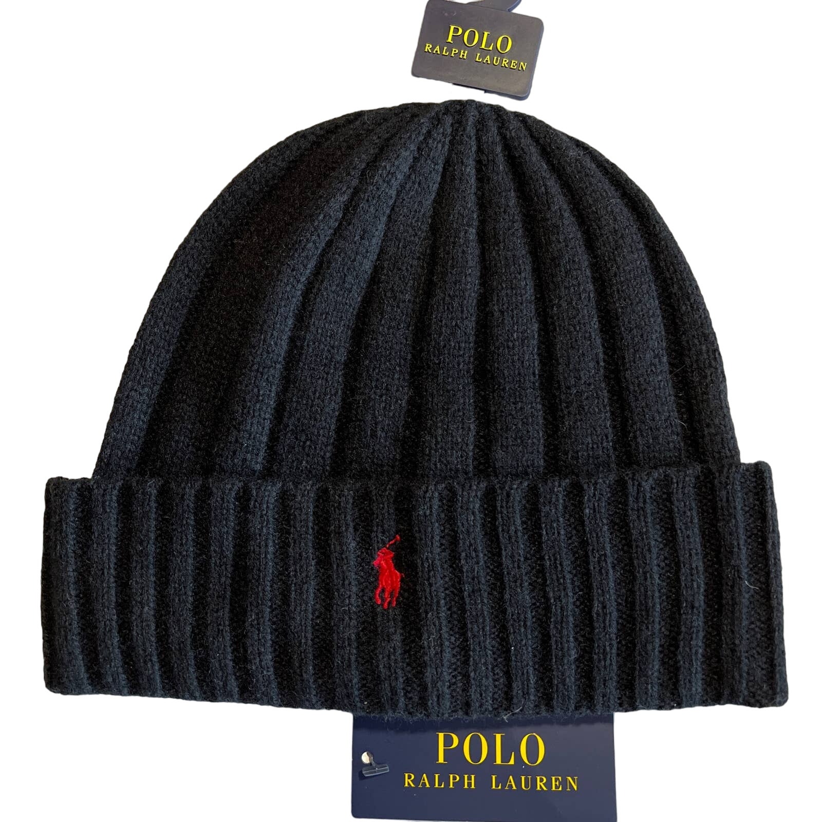 Polo Ralph Lauren Men's Signature Red Pony Black Wool Blend Rib Knit Cuff Beanie