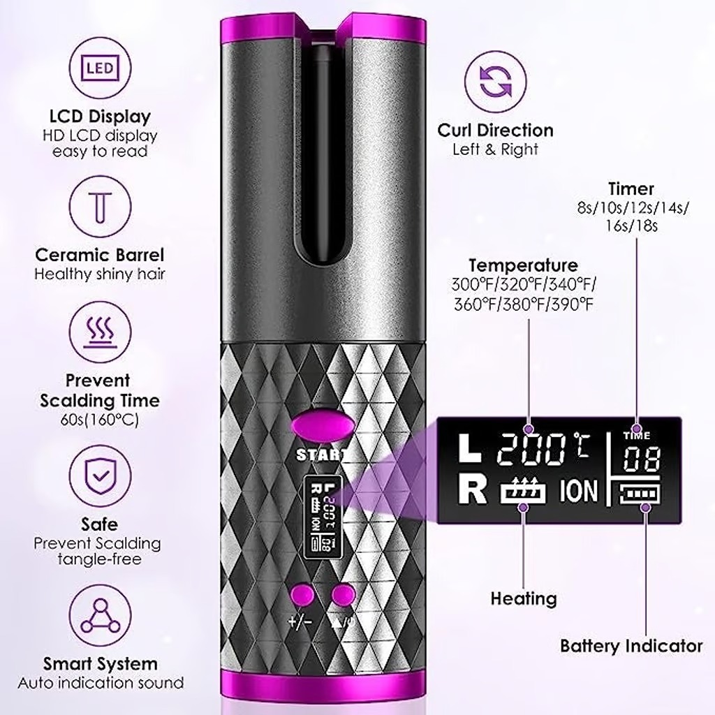 Cordless Automatic Hair Curler - Ceramic Rotating Curling Wand with 6 Temps
