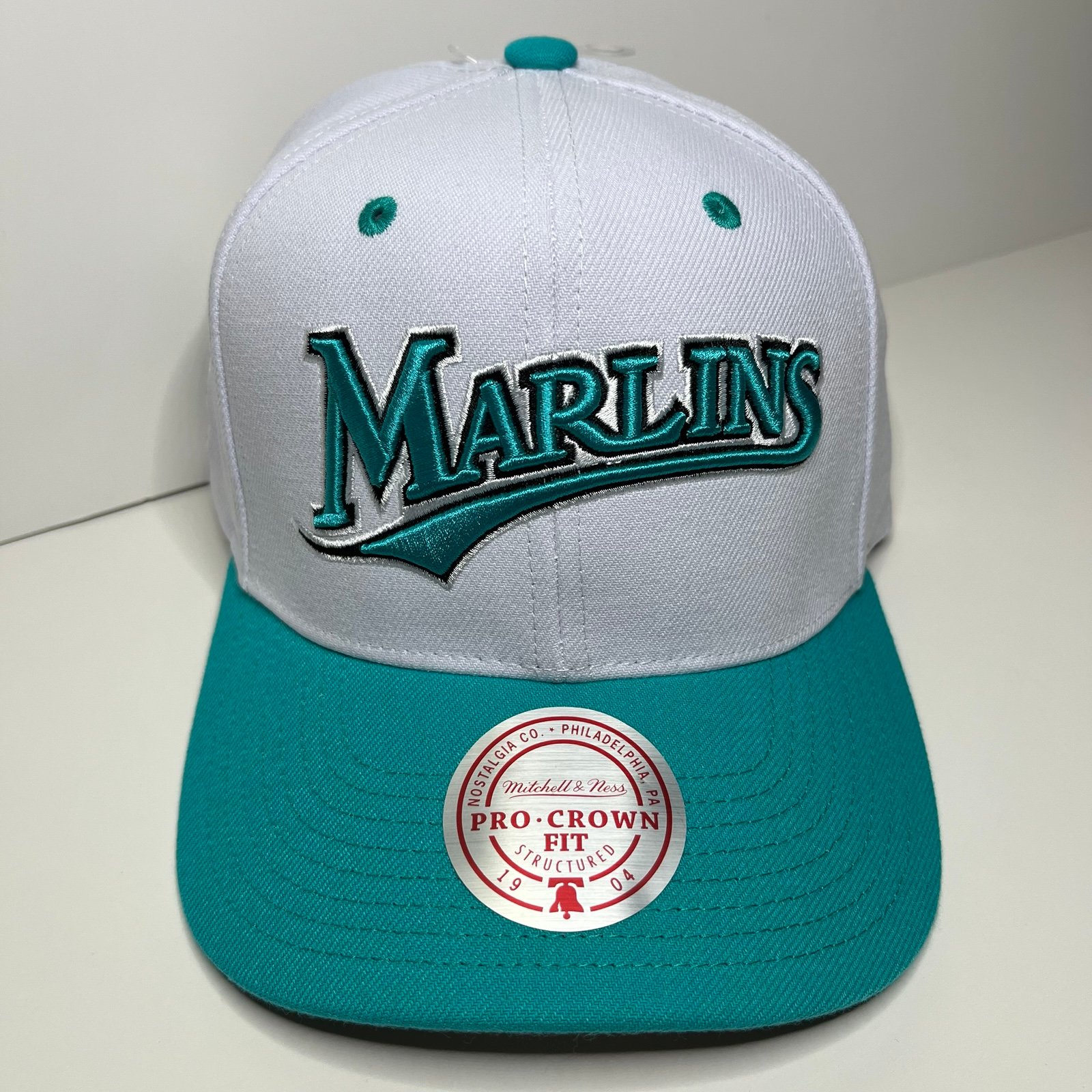 Miami Marlins Mens Mitchell & Ness MLB EVERGREEN PRO SNAPBACK COOP - White/Teal