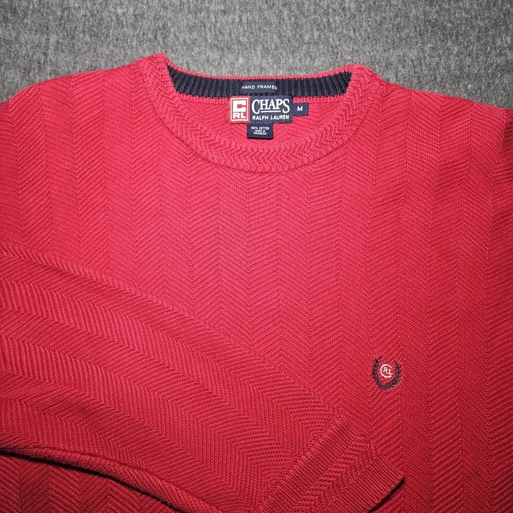 VINTAGE Ralph Lauren Sweater Mens M Red Herringbone Hand Framed Chaps
