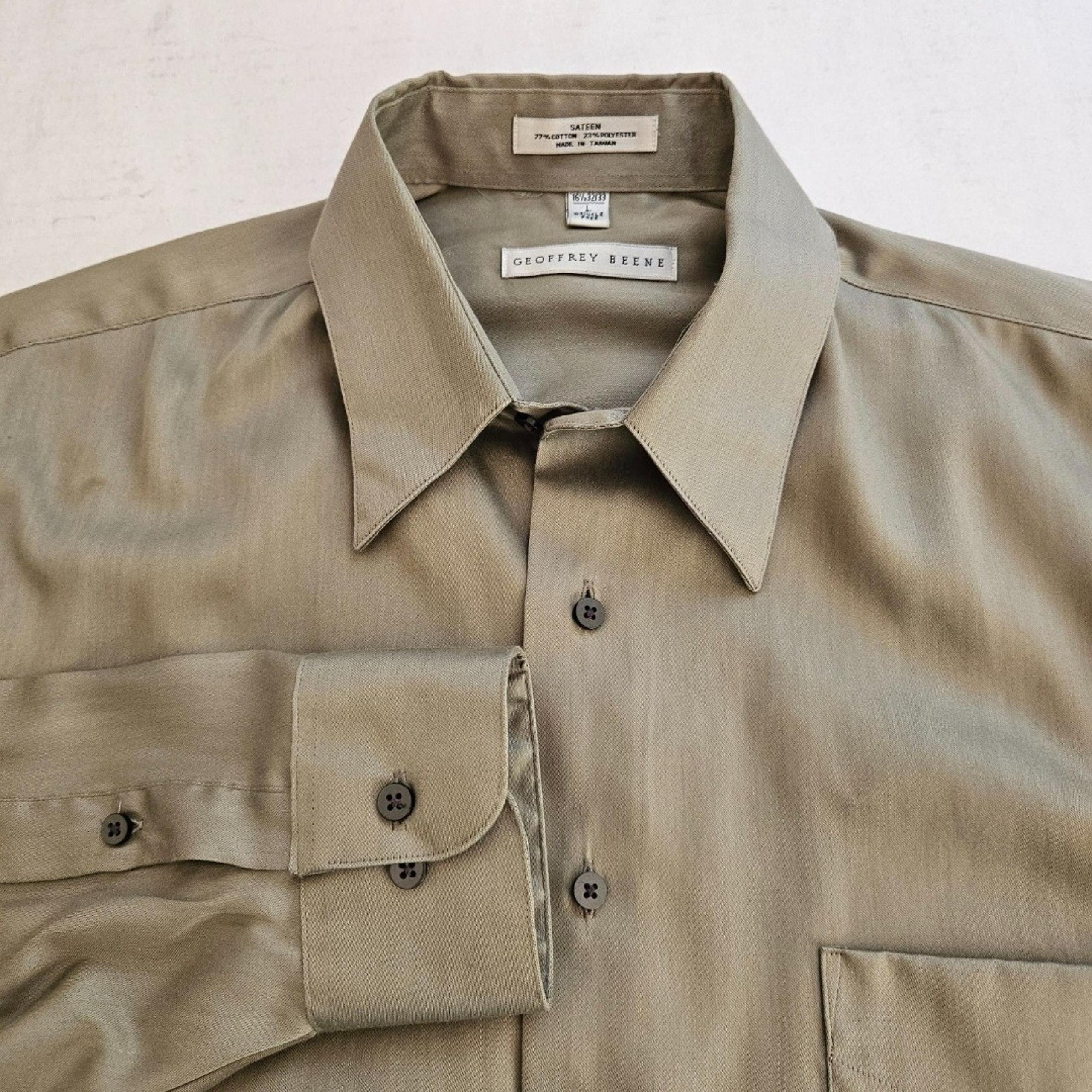 Geoffey Beene Shirt Mens Large 16.5 32/33 Green Sateen Wrinkle Free Button Up