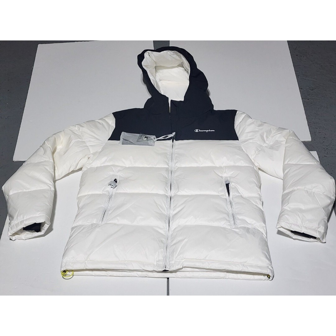 New Winter Champion Hooded Puffer Jacket Tech Fil Black White Men's Size XL $210