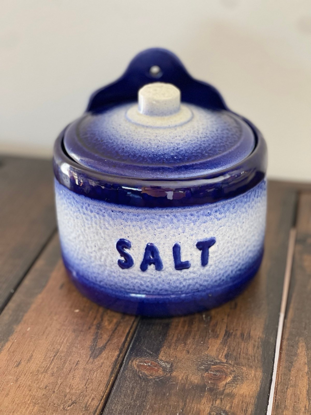 Antique IronStone 1890 Cobalt Blue Salt Glaze Stoneware Hanging Salt Crock w Lid