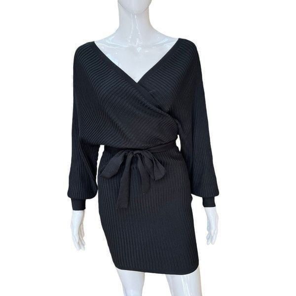 Love Tree Sweater Dress with Sash Belt Black V Neck Off Shoulder Mini Size 2X/3X