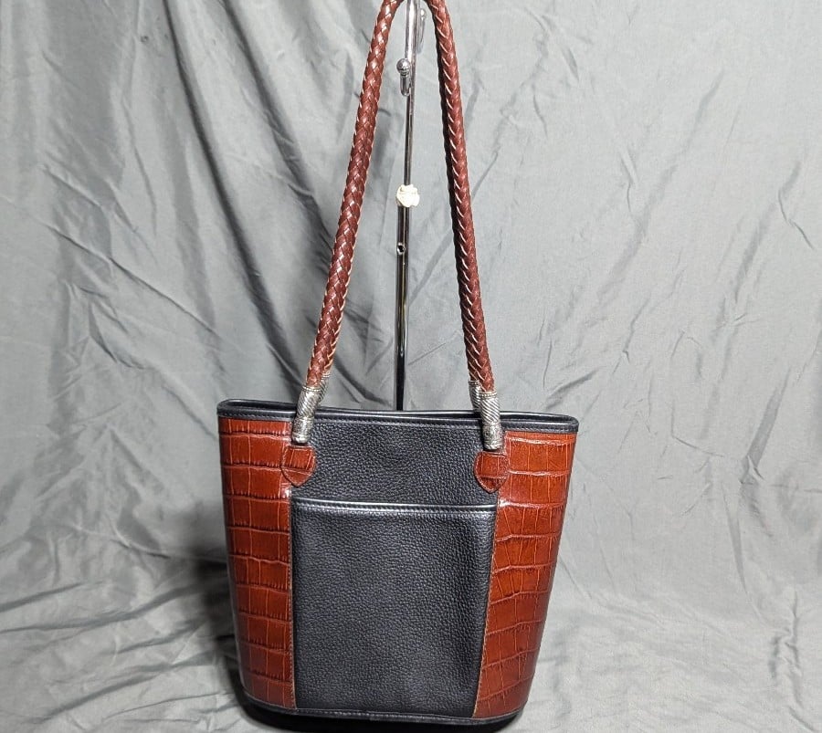 Vtg BRIGHTON Black Pebbled/Brown Croc Leather Purse Shoulder Bag Braided Handles