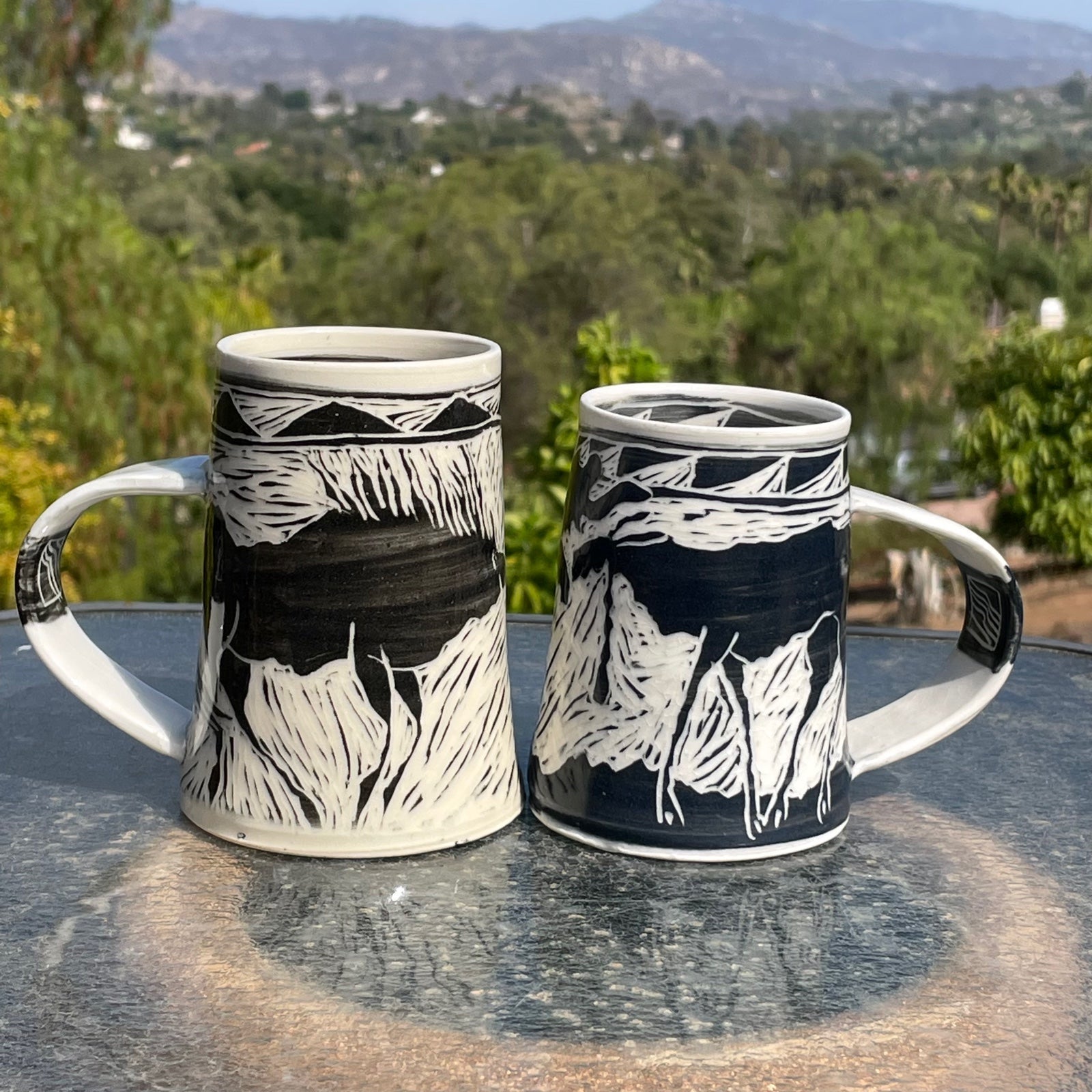 Martye Allen Pottery Porcelain Sgraffito Moose Mugs Coffee Tea -Signed on sale