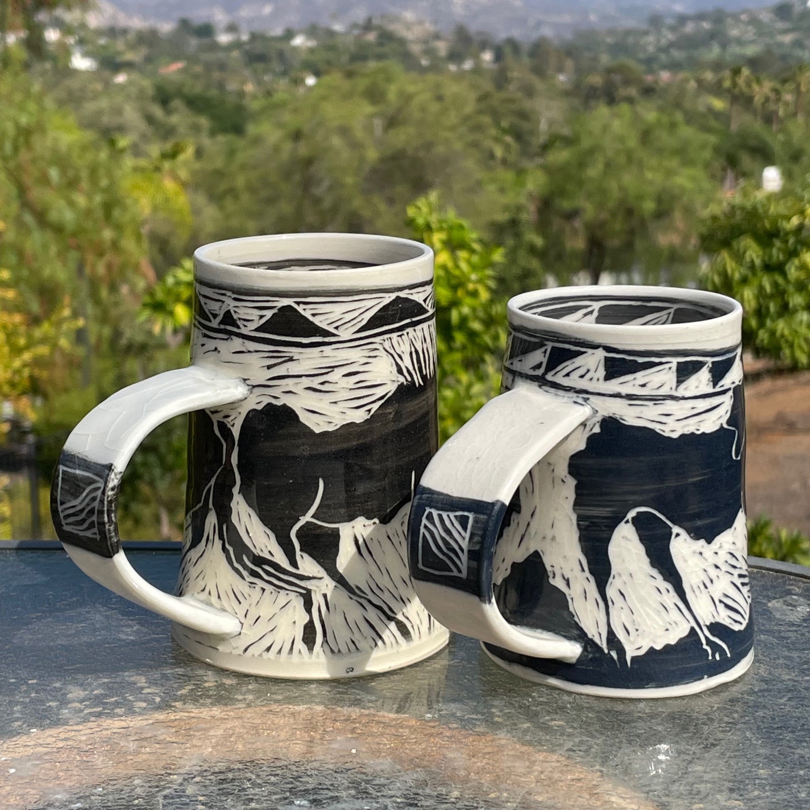 Martye Allen Pottery Porcelain Sgraffito Moose Mugs Coffee Tea -Signed on sale