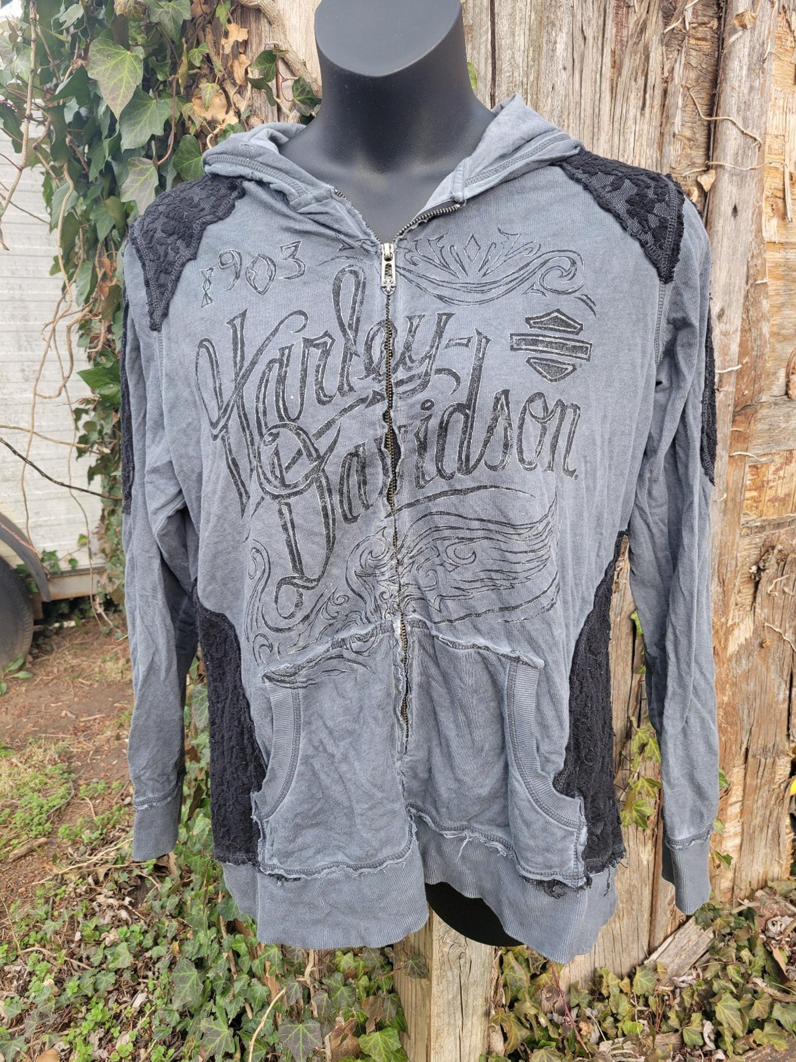 Grey Harley Davidson zip up distressed hoodie with lace details