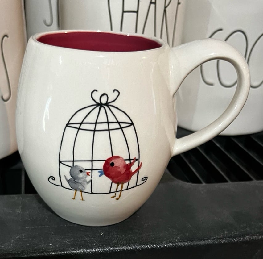 Rae Dunn Lollipop M Stamp Rare Coffee Mug Birds Birdcage