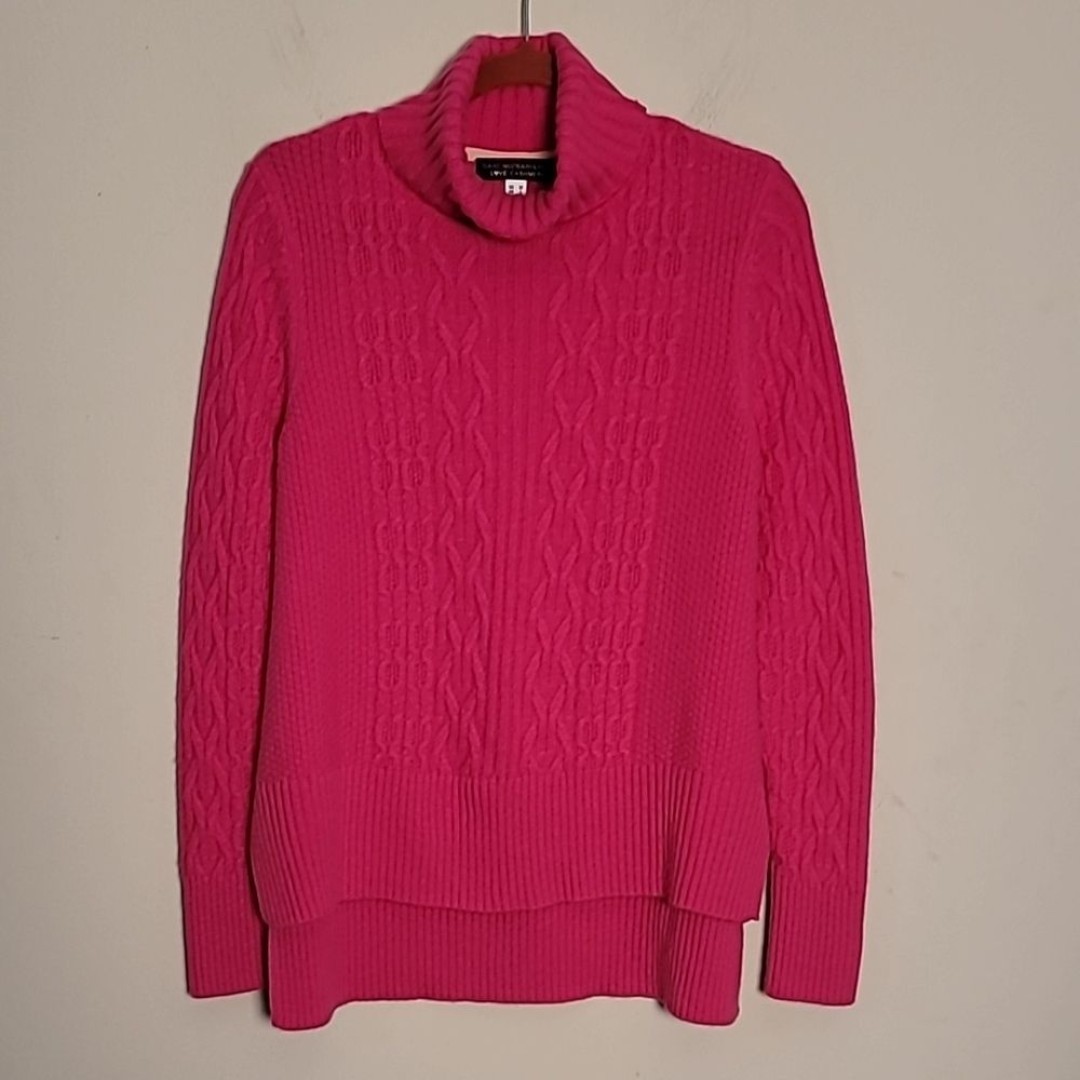 Isaac Mizrahi Hot Pink Cashmere Cable Knit Turtleneck Sweater Sz M