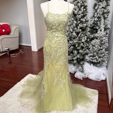 Stacees Formal Lace Floral Rhinestone Backless Embellished Gown Prom Dress
